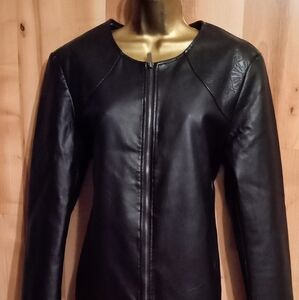 Avon Women's Large Black Faux Leather Jacket Embossed Floral Accents Zip Front